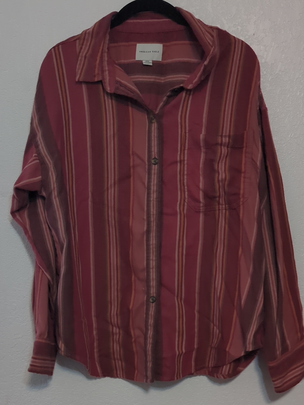 American Eagle Outfitters Maroon and Pink Striped Button-Up Shirt